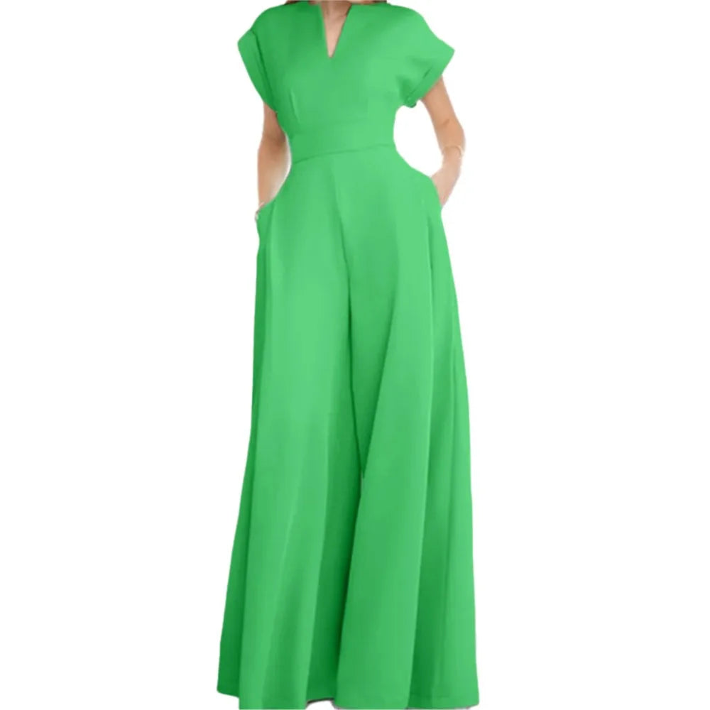 Elegant Women Long Jumpsuit 2024 Summer Wide Leg Pants Romper Casual Short Sleeve Playsuit Holiday Communting Overalls