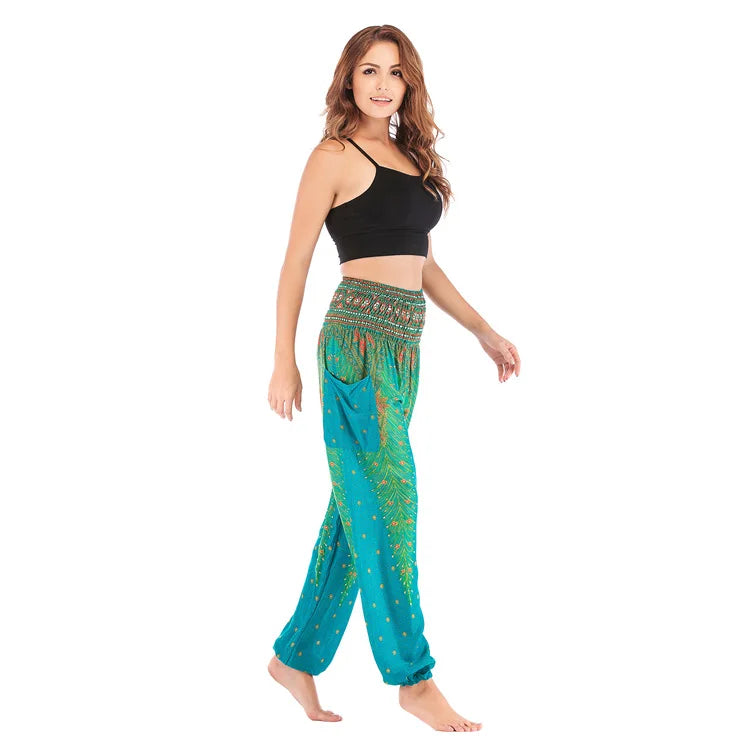 Women Yoga Boho Pants Leggings Floral Printing With Pocket Harem Bohemian High Waist  elastic waistband and ankle strapping