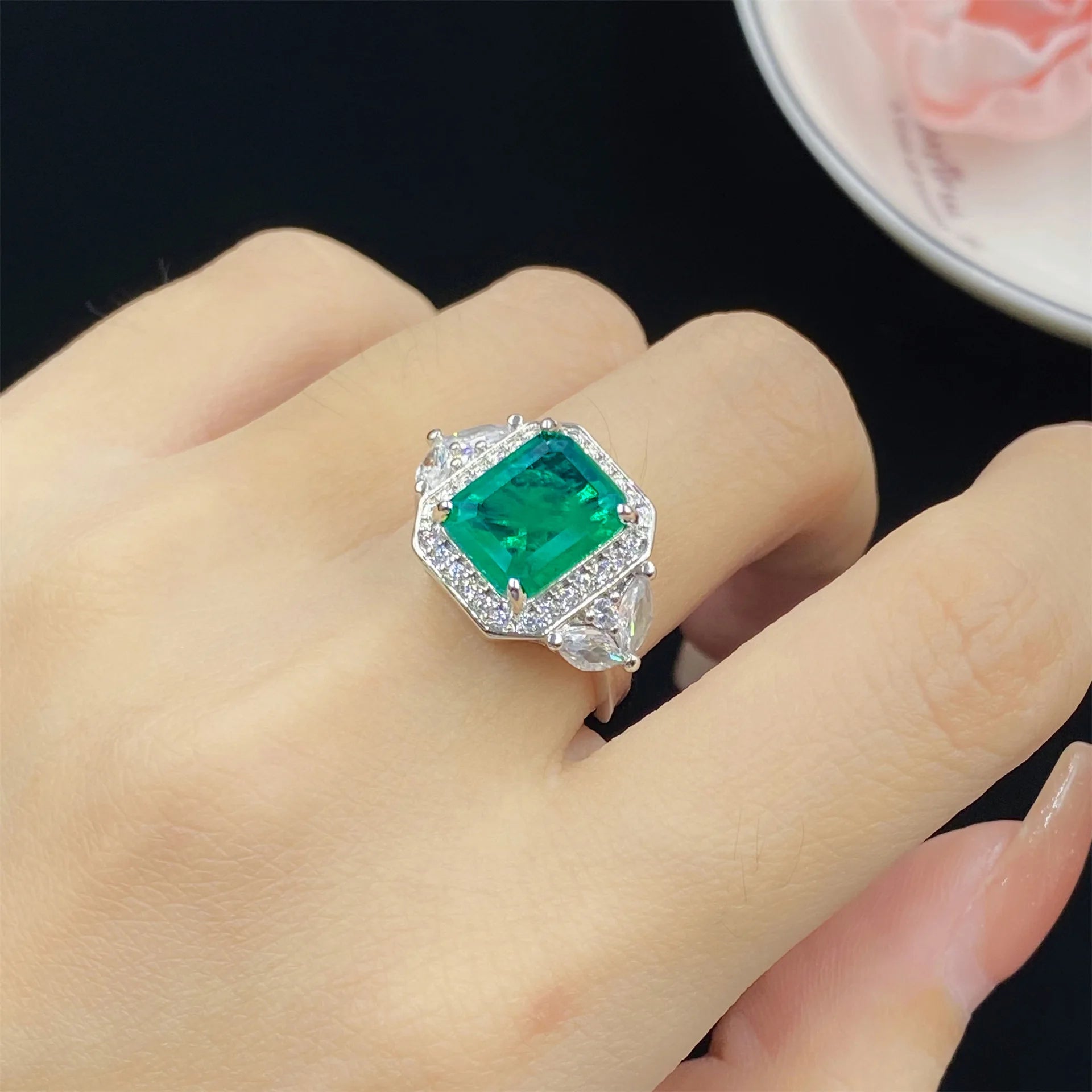 Simulation Emerald Tourmaline Full Diamond Luxury Princess Set – Ring, Pendant, Earrings, and Bracelet