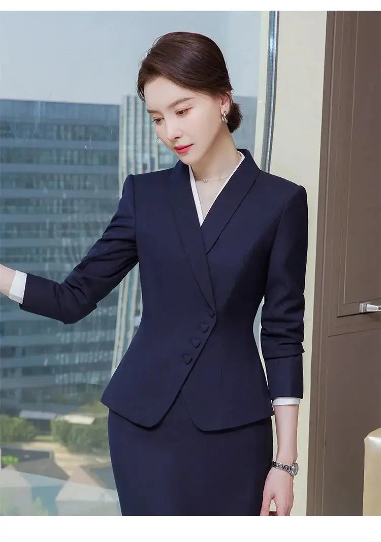 Office Business Women's Suit Pants Two-piece Set 2024 New Spring Autumn Long Sleeve Heart Button Jacket Slim Trousers Skirts