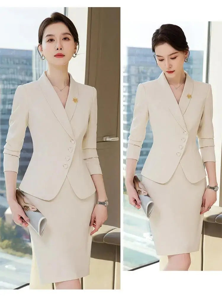 Office Business Women's Suit Pants Two-piece Set 2024 New Spring Autumn Long Sleeve Heart Button Jacket Slim Trousers Skirts
