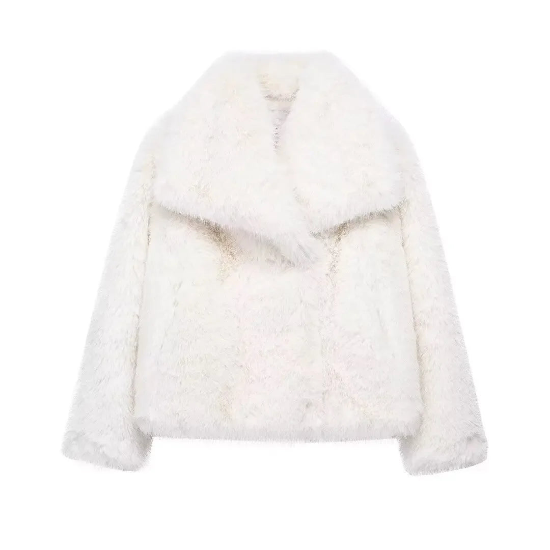 TRAF 2024 Woman Autumn Winter Faux Fur Coat Plush Fluffy Women's Jacket New in Outerwears White Red Gray Black Wool Blends Coats