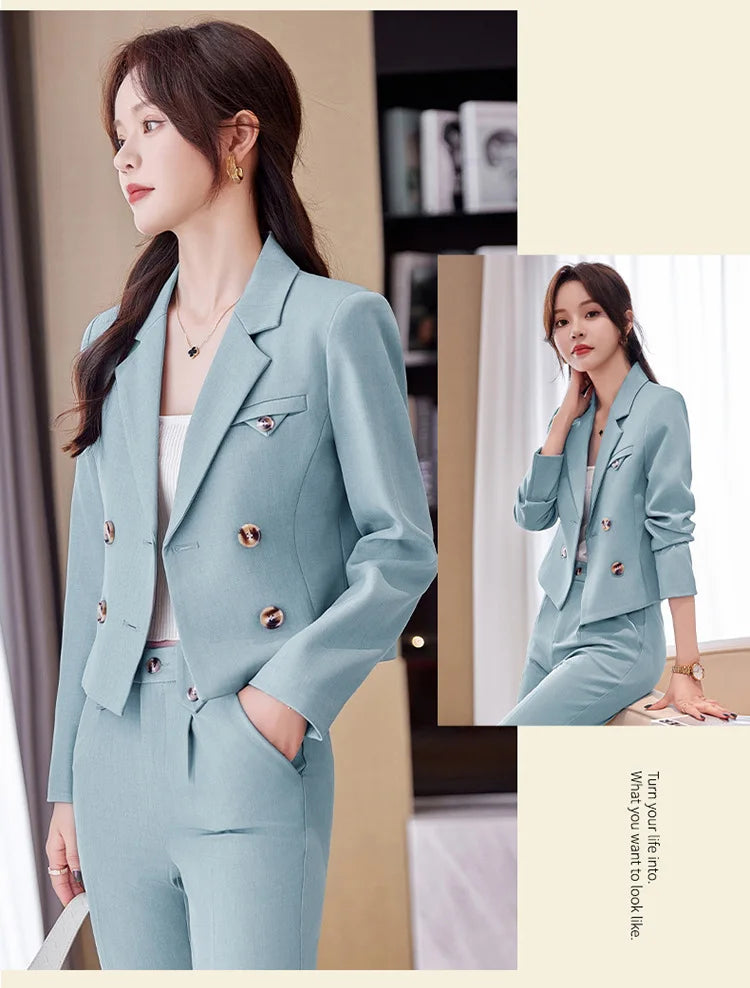Solid Suits for Women 2024 Spring Fashion Office Ladies Long Sleeve Double Breasted Short Tops Chic Slim High Waisted Pant Suits