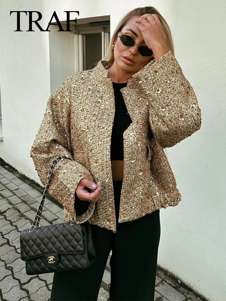 TRAF Women Fashion Shiny Sequin Jacket Y2k Gold Color Stand Collar