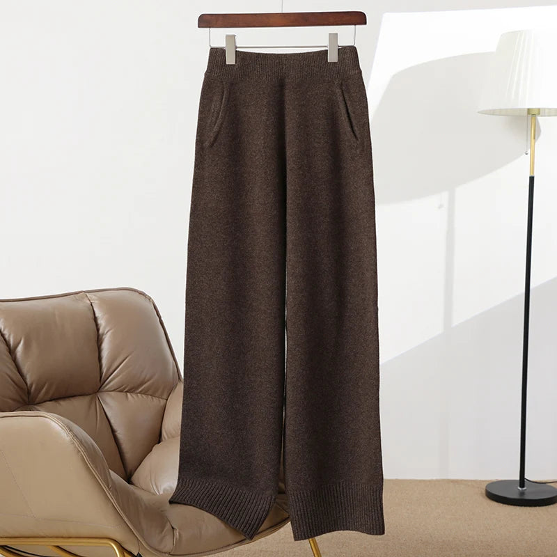 100% merino wool women's knitted trousers, wide-leg pants, new autumn and winter 2024